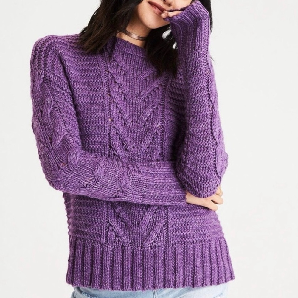 American Eagle Purple Chunky Cable Knit Crewneck Sweater